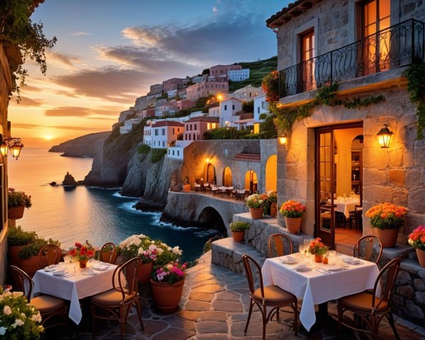 Coastal Sunset Scene with Restaurant and Colorful Houses