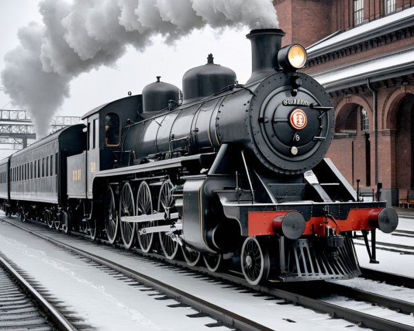 Classic Steam Locomotive on Snowy Tracks