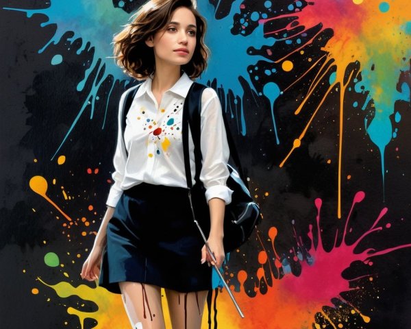 Young woman in colorful setting with paintbrush and backpack