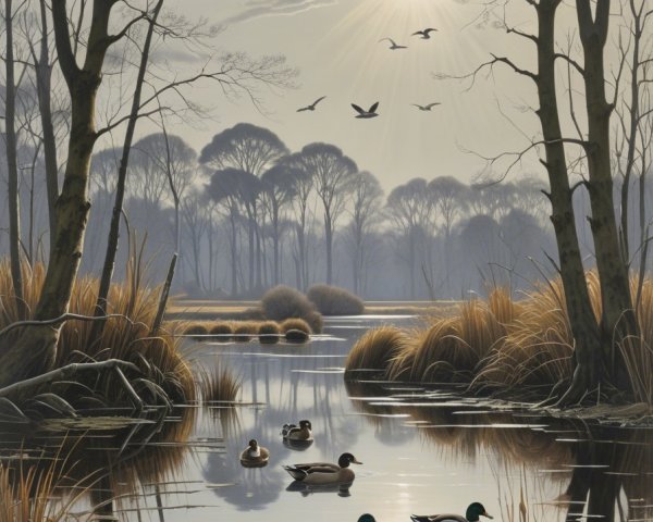 Tranquil Wetland Scene at Dawn with Ducks and Mist