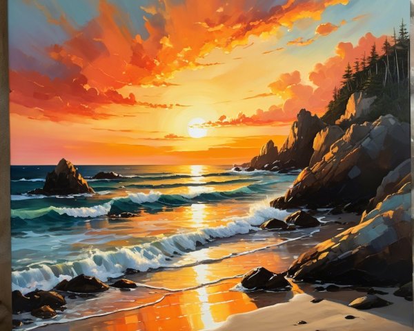 Vibrant Sunset Over Rocky Shoreline and Pine Trees
