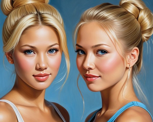 Young Women with Elegant Buns and Blue Background