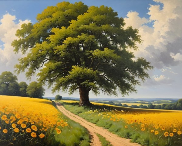 Majestic Tree in Vibrant Yellow Field with Clouds