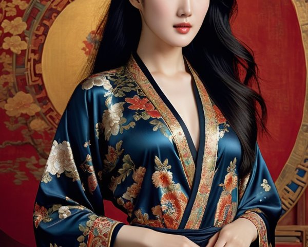 Elegant Woman in Embroidered Floral Robe and Motifs