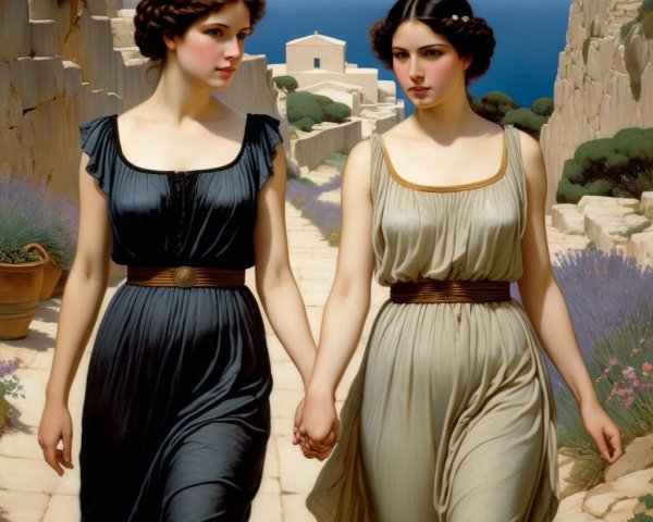 Women in Elegant Dresses on a Sunlit Pathway