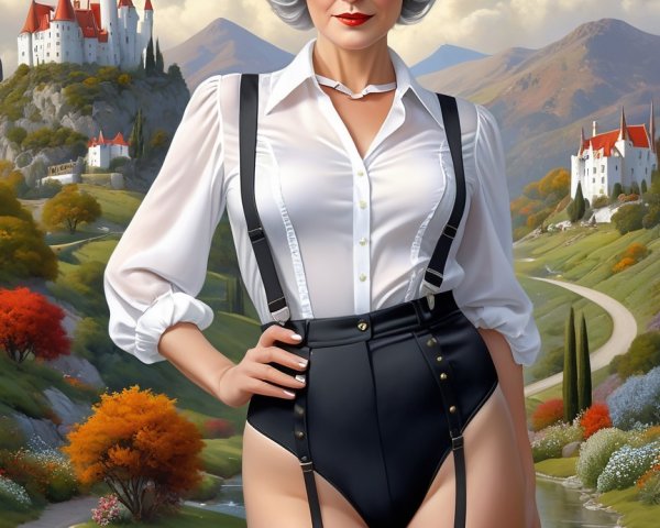 Stylish Older Woman in Chic Outfit with Scenic Background