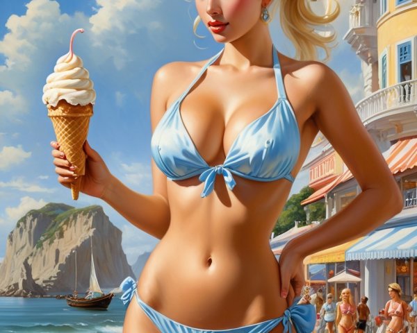 Glamorous Woman in Bikini at Picturesque Beach Scene