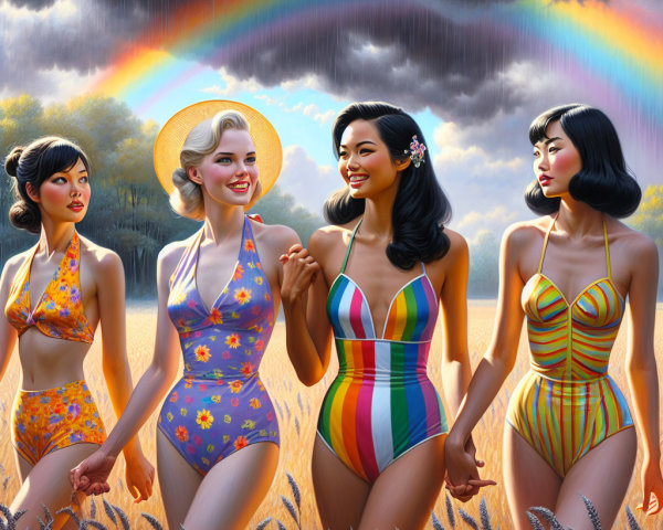 Women in Vintage Swimsuits in Wheat Field Under Rainbow