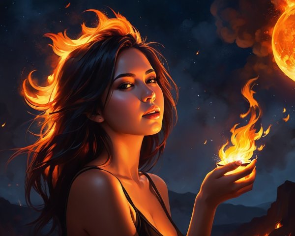 Young Woman with Fiery Hair and Fireball in Night Scene