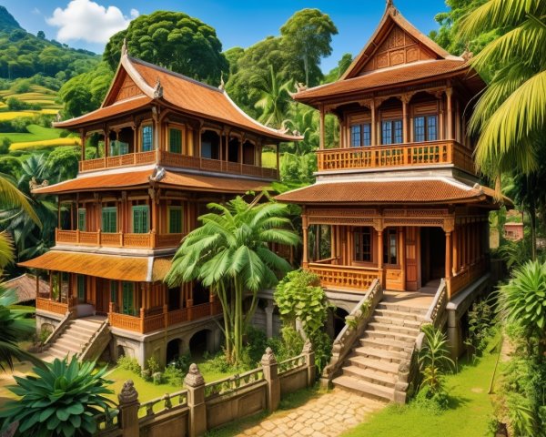 Traditional Wooden Houses in Lush Tropical Setting
