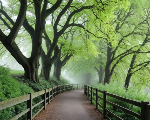 Misty Pathway Through a Lush Green Forest