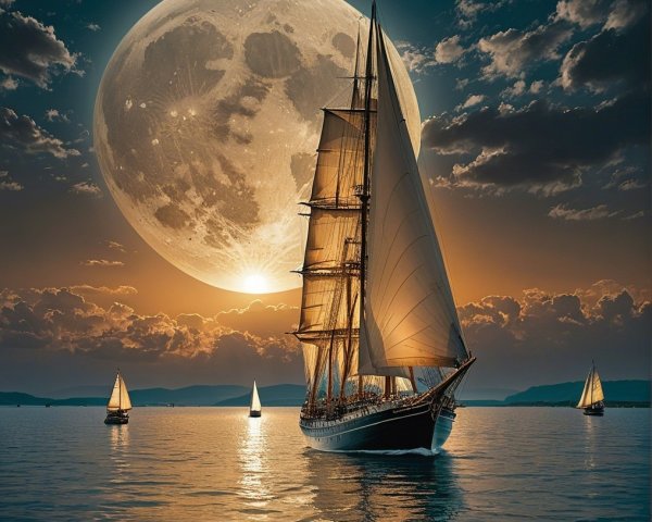 Sailing Ship on Calm Waters Under Full Moonlight