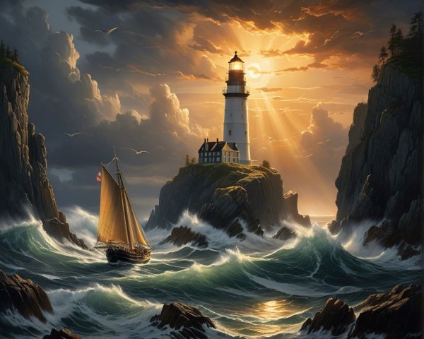 Lighthouse on Rugged Coastline at Dramatic Sunset