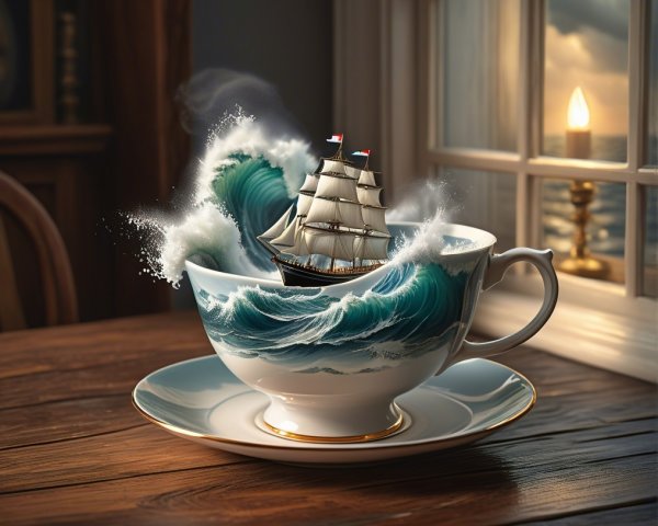 Porcelain Teacup with Surreal Ocean Wave and Ship