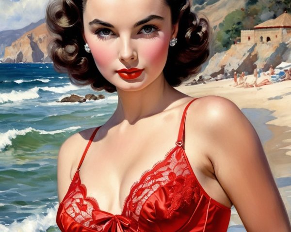 Vintage Illustration of Woman on Beach with Palm Trees
