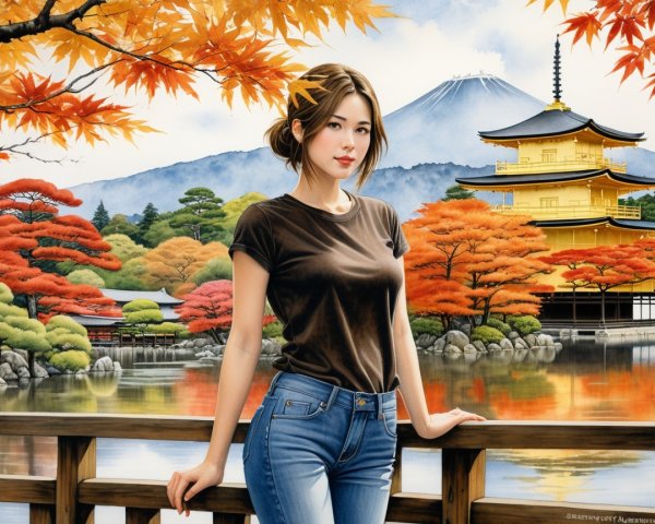 Young Woman by Lake with Autumn Foliage and Temple
