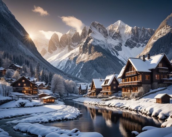 Serene Winter Landscape with Wooden Chalets and Mountains