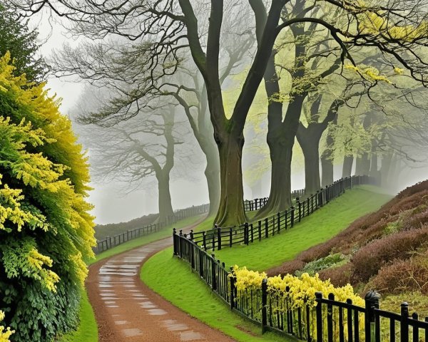 Serene Winding Path in a Lush Foggy Landscape