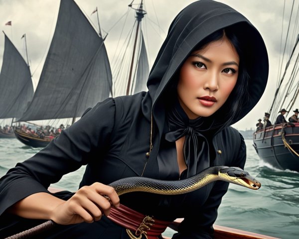 Mysterious Woman in Cloak on Boat with Serpent