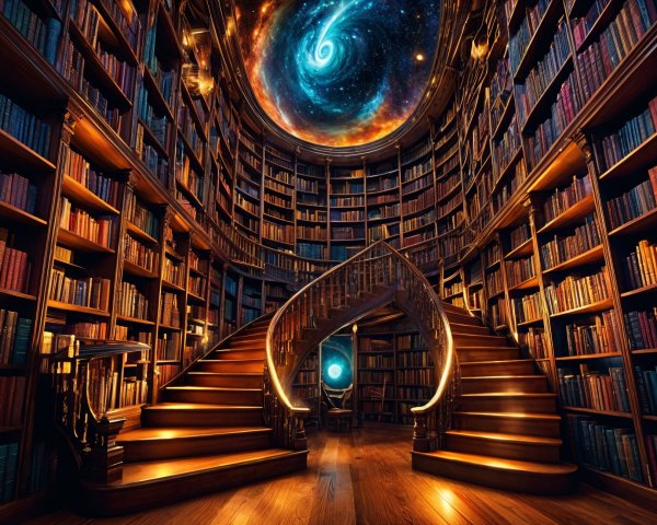 Grand Circular Library with Spiral Staircase and Galaxy Ceiling