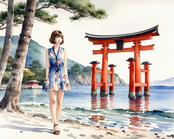 Watercolor of Woman at Beach with Torii Gate