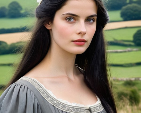 Young woman in gray dress against green hills