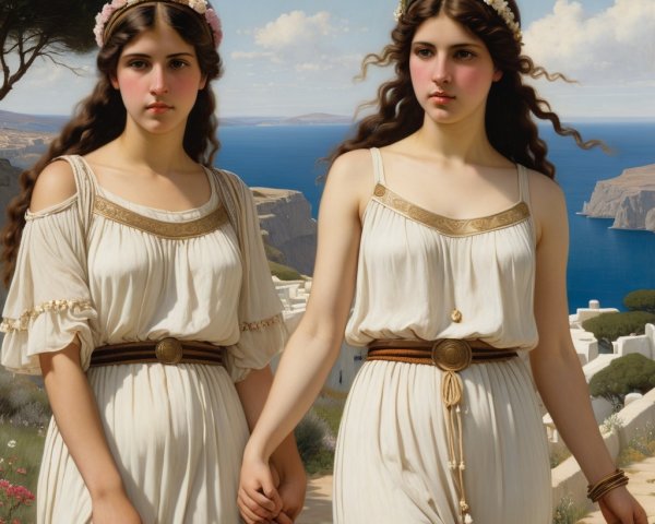 Young women in white gowns by a coastal landscape