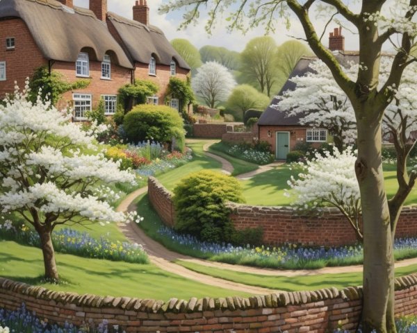 Charming Countryside Scene with Thatched Cottages
