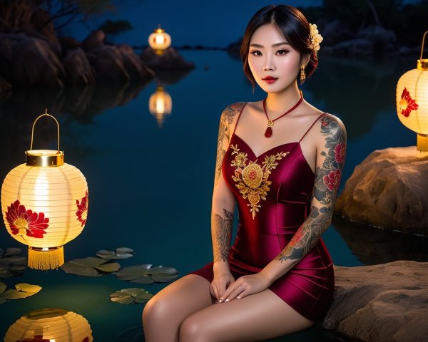 Woman in red cheongsam by serene water at night