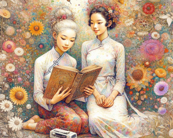 Young Women in Traditional Attire in Vibrant Garden