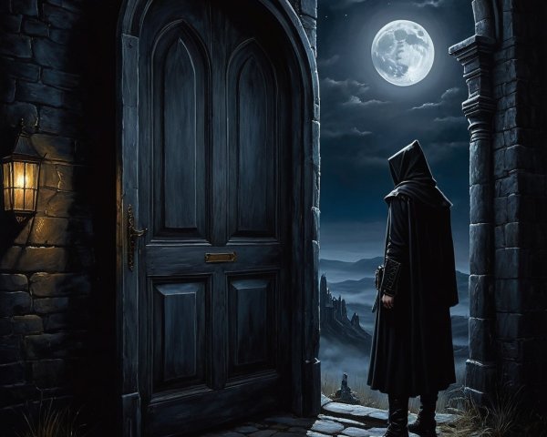 Cloaked Figure at Ancient Stone Doorway in Moonlight