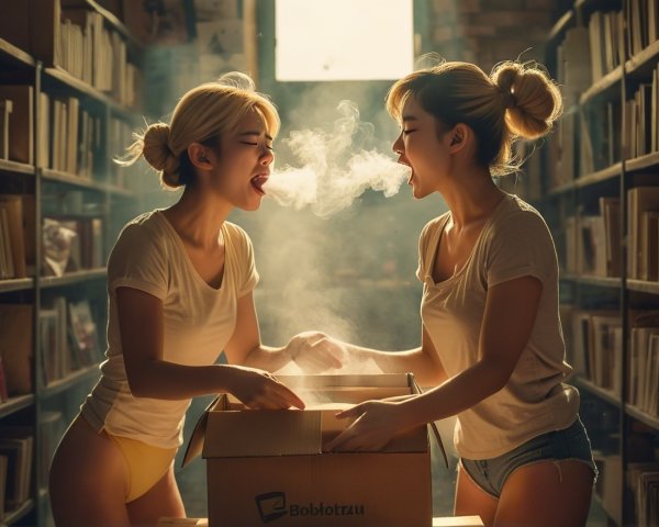 Cozy Library Scene with Two Young Women Interacting