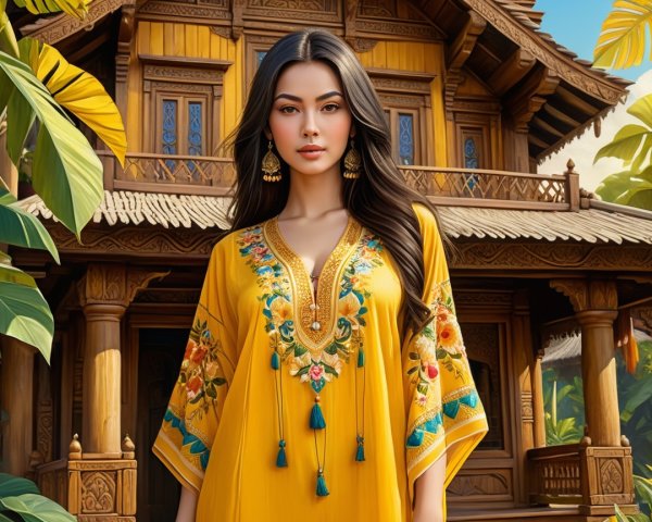 Woman in Yellow Traditional Outfit with Scenic Background
