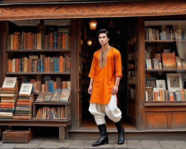 Young man in kurta outside vintage bookstore