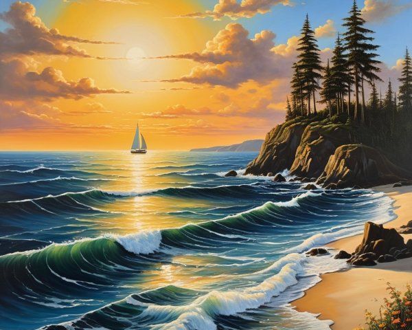 Coastal Sunset Scene with Sailboat and Pine Trees