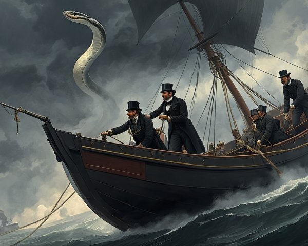 Dramatic Ship Scene with Mythical Serpent and Stormy Seas