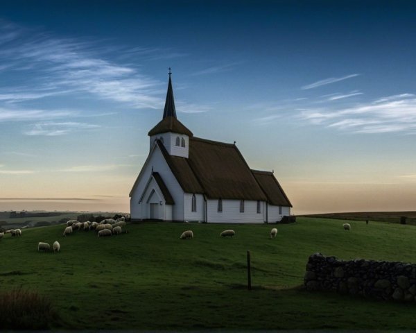 White Church on a Hill with Grazing Sheep at Sunset