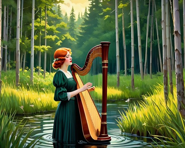 Woman in Green Dress Playing Harp in Forest Pond
