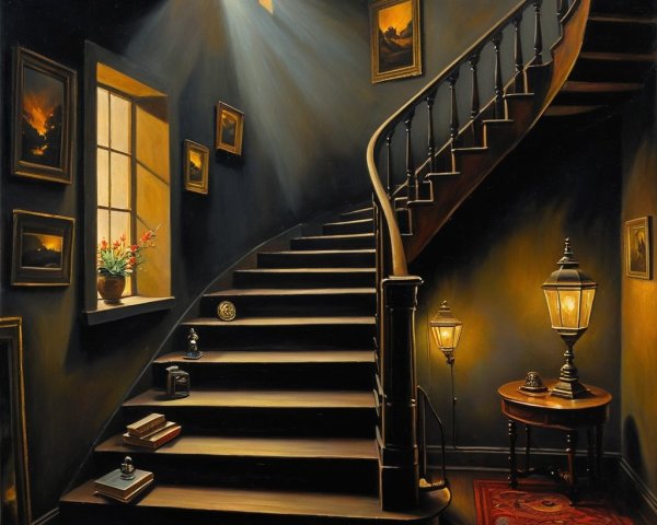 Inviting staircase in a dimly lit hallway setting