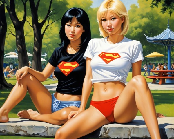 Young Women in Superman Shirts at a Park Setting