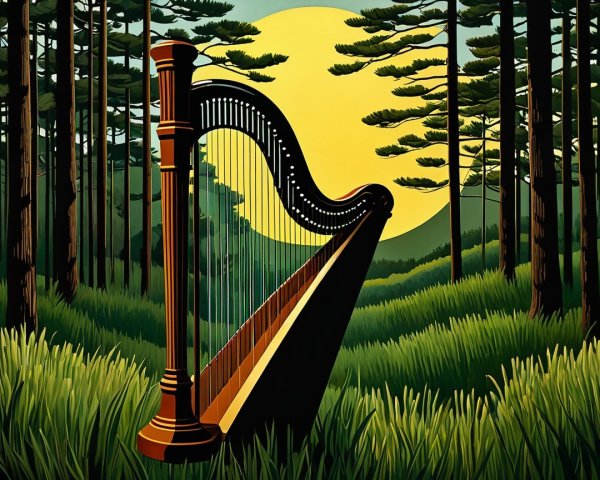 Stylized Harp in a Lush Forest at Sunrise
