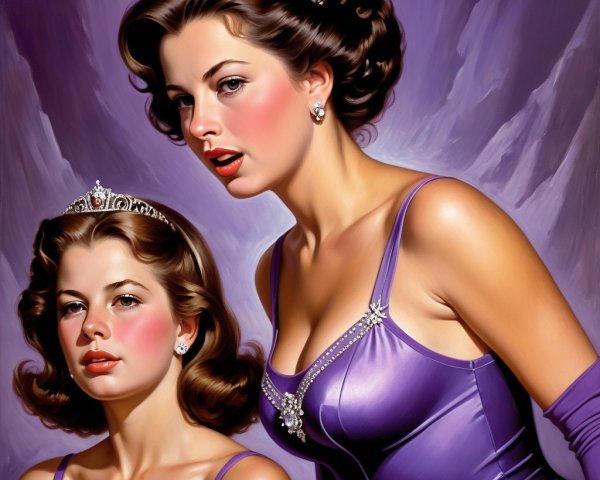 Elegant Women in Matching Purple Dresses and Tiaras