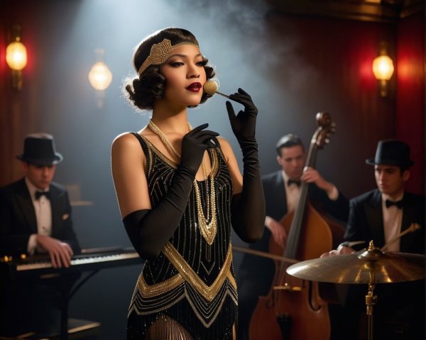 Glamorous Woman in Flapper Dress with Jazz Band