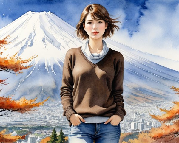 Watercolor of a woman by Mount Fuji in autumn