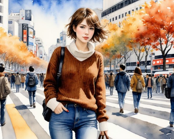 Young woman in cozy sweater at city crosswalk in autumn