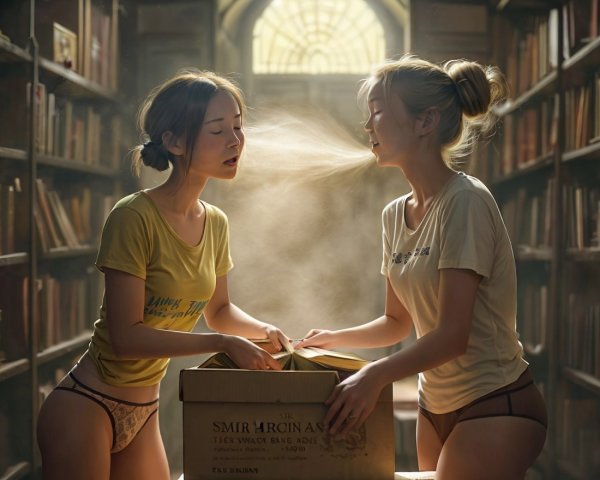 Young women exploring a library in a warm atmosphere