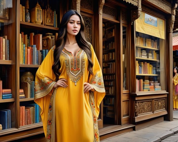 Young Woman in Yellow Outfit at Charming Bookstore