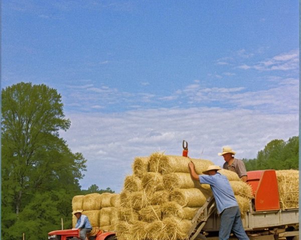 Farmers Loading Hay on Tractor-Trailer in Rural Setting