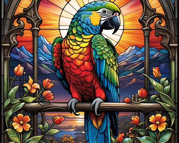 Vibrant Stained Glass Parrot with Sunset Background