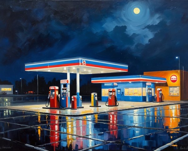 Vibrant Night Scene of a Gas Station with Reflections